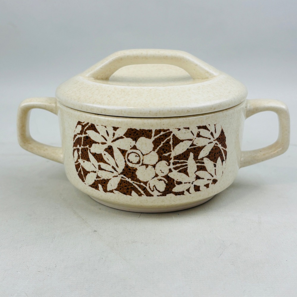 Lenox Temper-Ware Woodspice Sugar Bowl with Lid Vintage Stoneware Floral‎ Brown